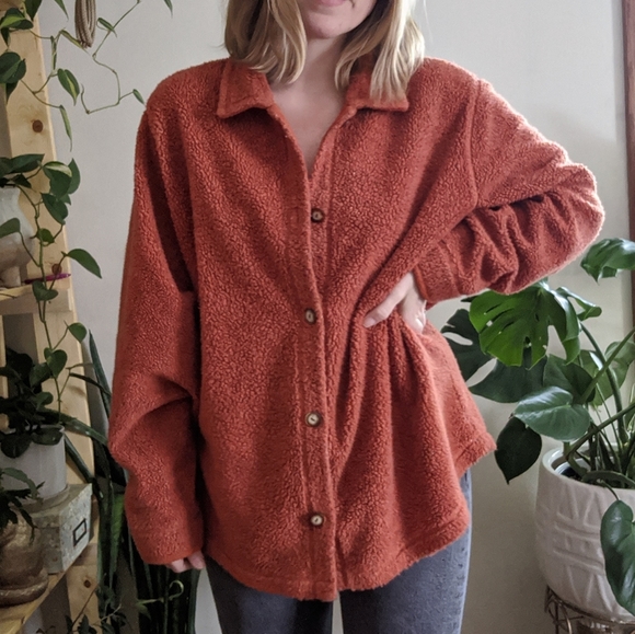 L.L. Bean Sweaters - L.L. Bean | VTG | Orange Button-Front Plush Sherpa